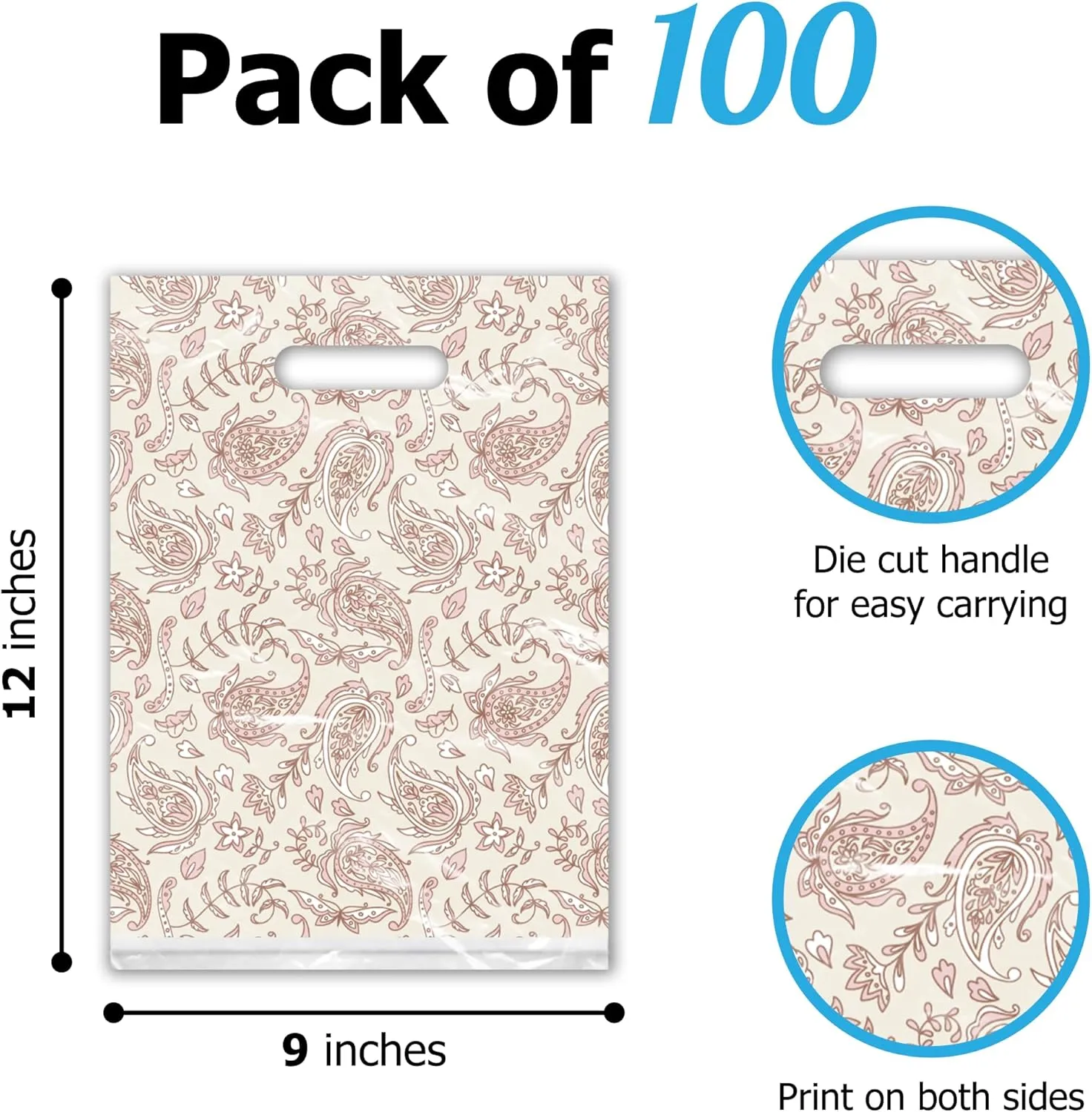 Pro Supply Global 9x12 100 Count Pink Paisley Designer Retail Boutique Merchandise Bags with Die Cut Handles Premium Printed Shopping Bags For Small Business Shop Owners