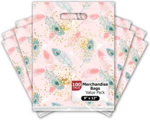 Pro Supply Global 9x12 100 Count Pink Peacock Designer Retail Boutique Merchandise Bags with Die Cut Handles Premium Printed Shopping Bags For Small Business Shop Owners