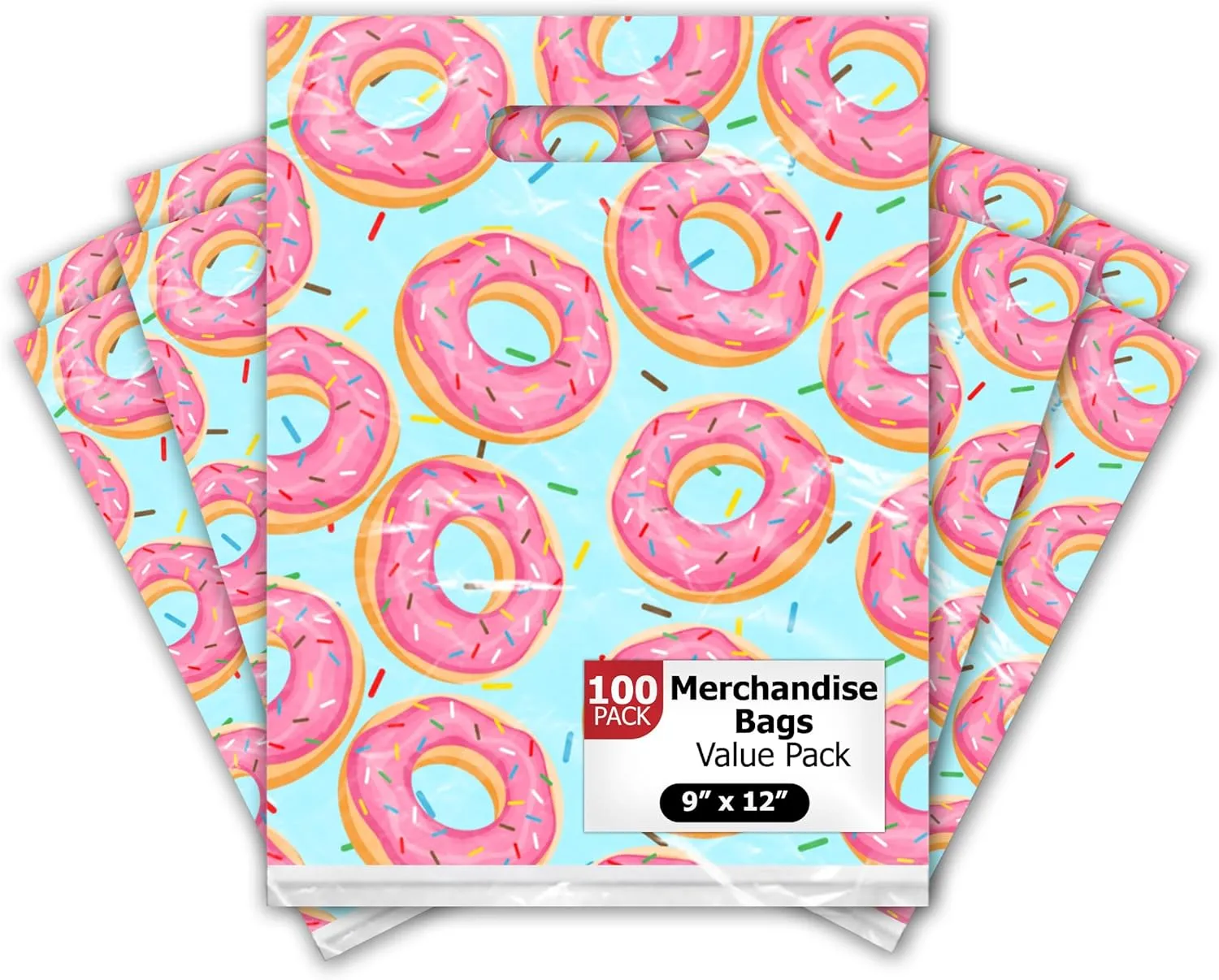 Pro Supply Global 9x12 100 Count Sprinkle Donuts Designer Retail Boutique Merchandise Bags with Die Cut Handles Premium Printed Shopping Bags For Small Business Shop Owners