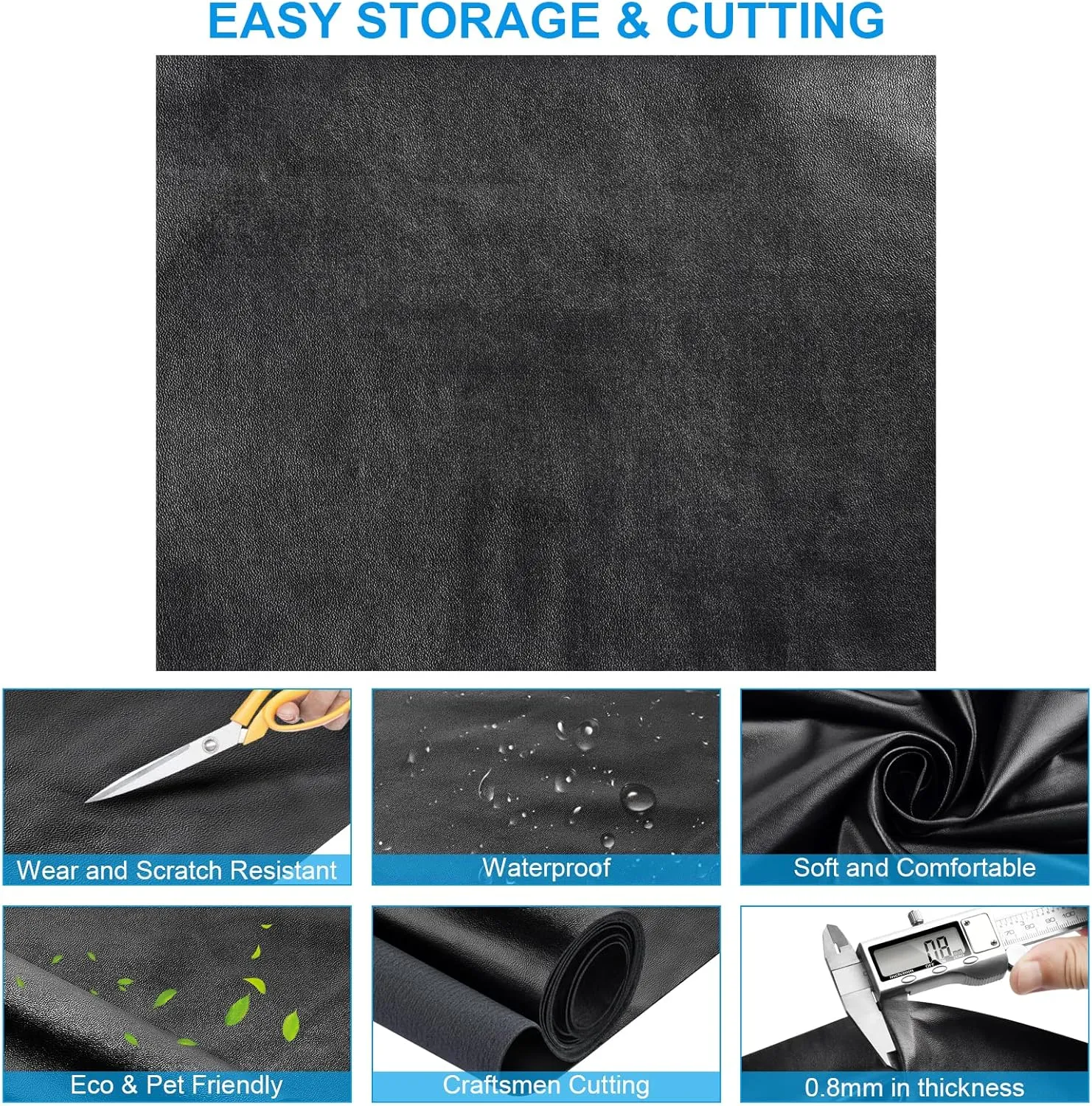 PU Fabric Leather 2 Yards 58" x 72", 0.8mm Thick Faux Synthetic Leather Material Sheets for Upholstery Crafts, DIY Sewings, Sofa, Handbag, Hair Bows Decorations (Black_Smooth Surface_Light Weight)