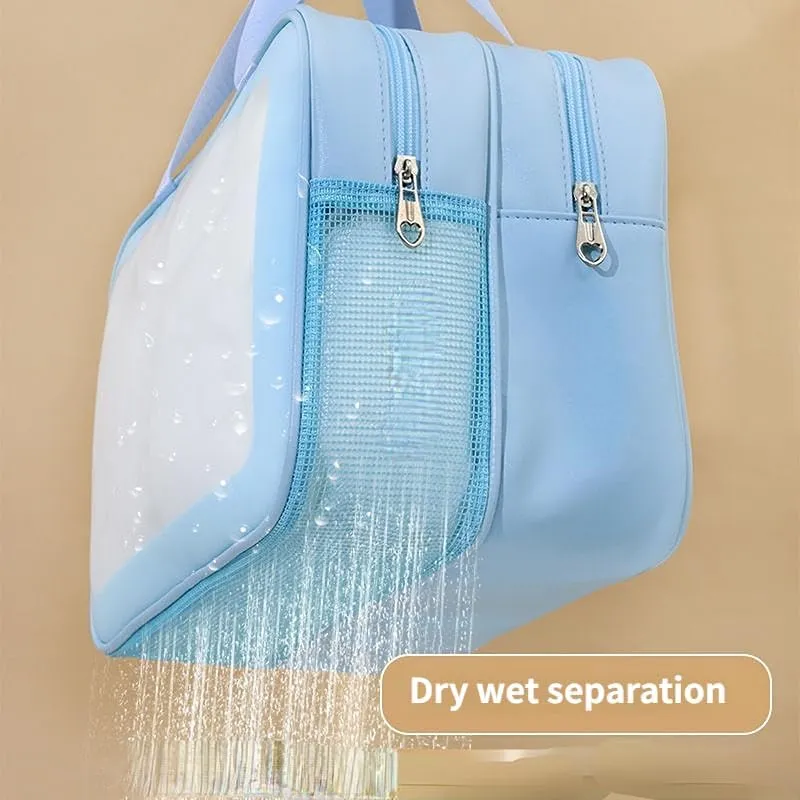 PU Leather Portable Toiletry Bags with Handle, Translucent Waterproof travel Make up Bags for Women, Large Capacity Travel Cosmetic Bags (White)
