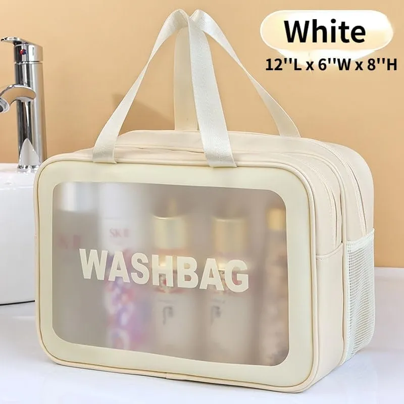 PU Leather Portable Toiletry Bags with Handle, Translucent Waterproof travel Make up Bags for Women, Large Capacity Travel Cosmetic Bags (White)