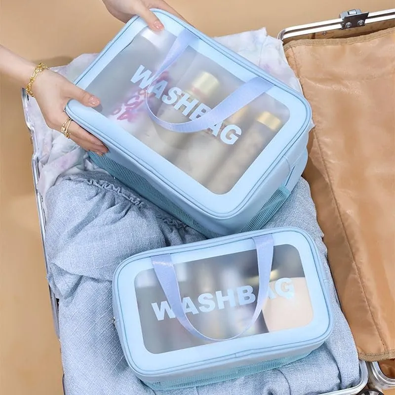 PU Leather Portable Toiletry Bags with Handle, Translucent Waterproof travel Make up Bags for Women, Large Capacity Travel Cosmetic Bags (White)