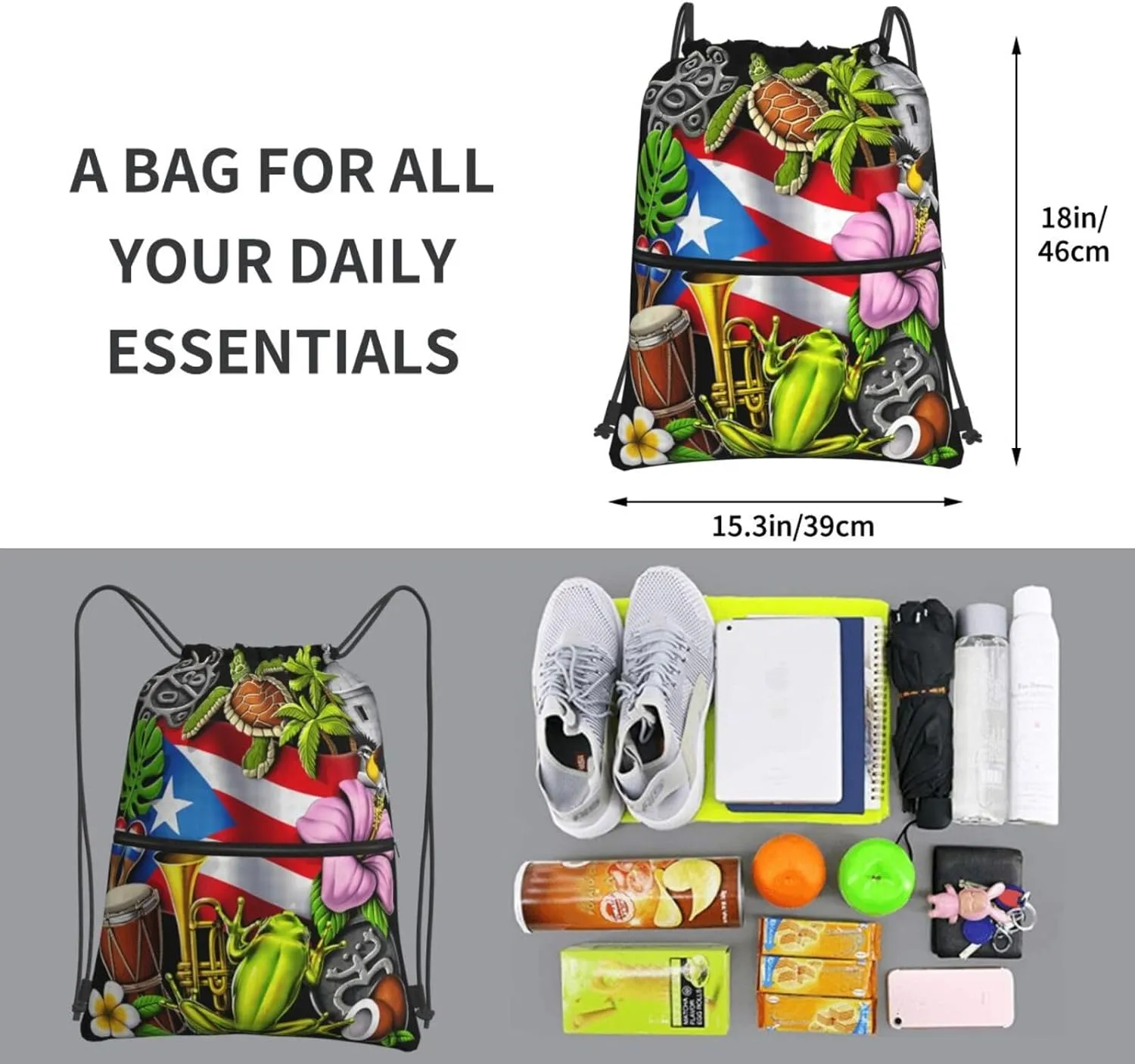 Puerto Rico Flag with Tropical Elements Drawstring Backpack Unisex Gym Bags Sport String Bag for Hiking Yoga Travel Swimming Beach 15 X 18 Inch