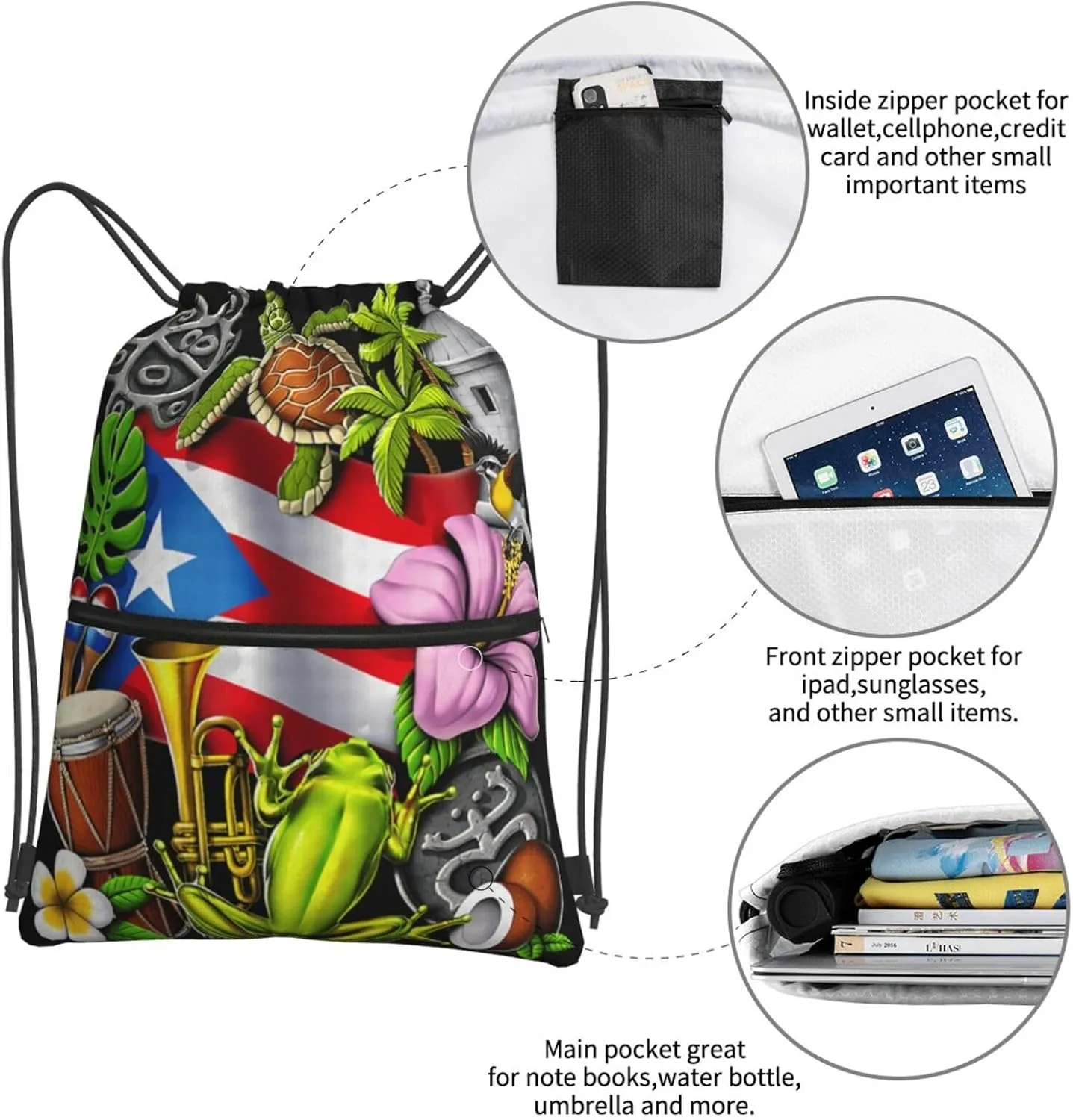 Puerto Rico Flag with Tropical Elements Drawstring Backpack Unisex Gym Bags Sport String Bag for Hiking Yoga Travel Swimming Beach 15 X 18 Inch