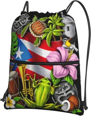 Puerto Rico Flag with Tropical Elements Drawstring Backpack Unisex Gym Bags Sport String Bag for Hiking Yoga Travel Swimming Beach 15 X 18 Inch
