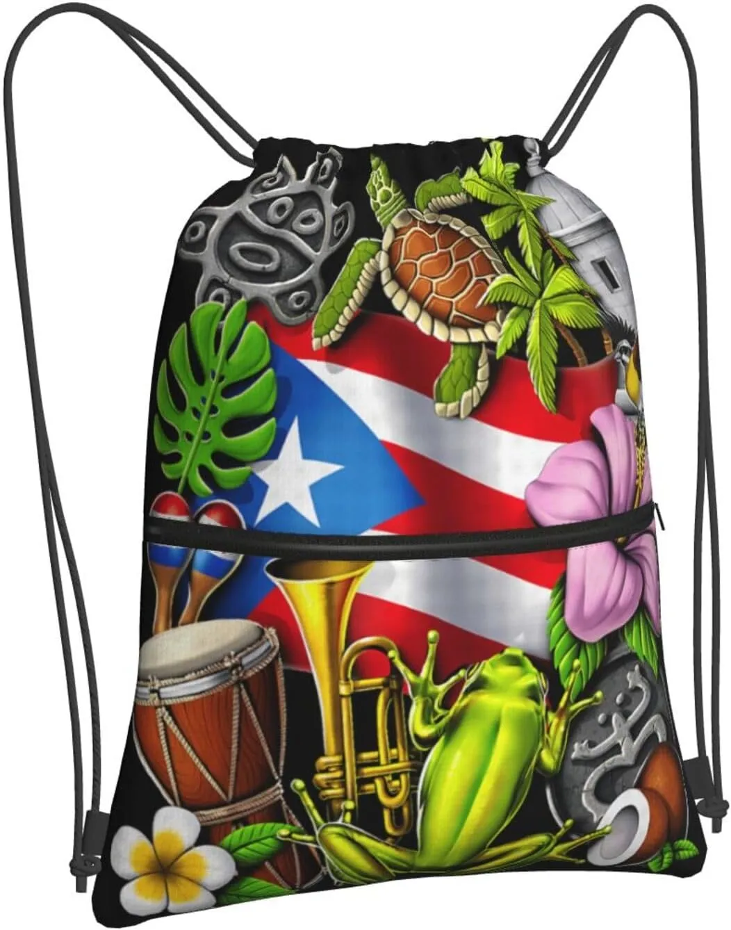 Puerto Rico Flag with Tropical Elements Drawstring Backpack Unisex Gym Bags Sport String Bag for Hiking Yoga Travel Swimming Beach 15 X 18 Inch