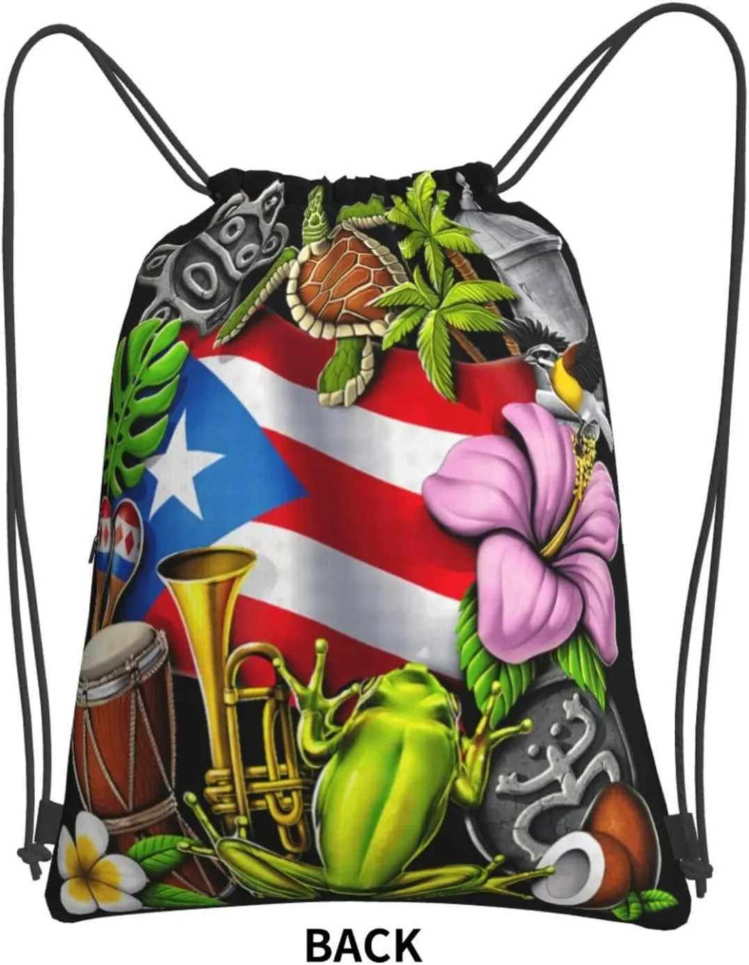 Puerto Rico Flag with Tropical Elements Drawstring Backpack Unisex Gym Bags Sport String Bag for Hiking Yoga Travel Swimming Beach 15 X 18 Inch