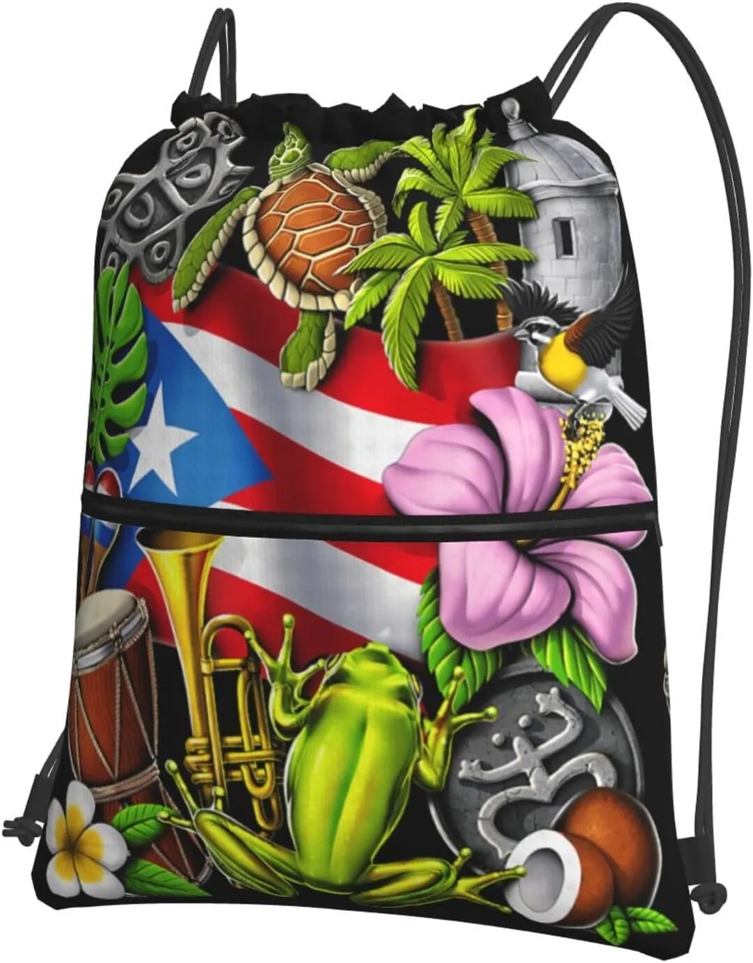 Puerto Rico Flag with Tropical Elements Drawstring Backpack Unisex Gym Bags Sport String Bag for Hiking Yoga Travel Swimming Beach 15 X 18 Inch