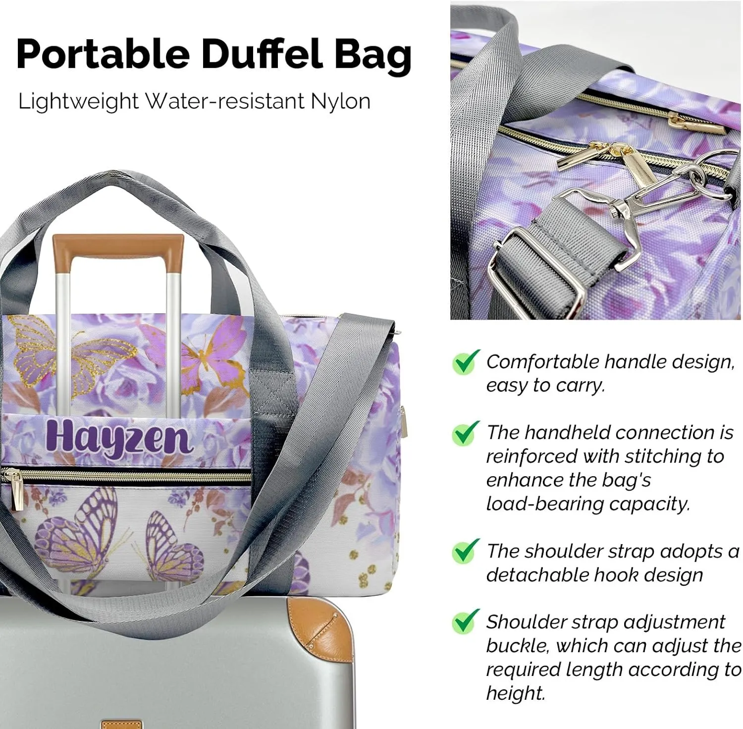 Purple Gold Butterfly Floral Personalized Kids Duffel Swim Bag for Boys,Customized Swim Duffle Bag for Boys Man Kids Gifts