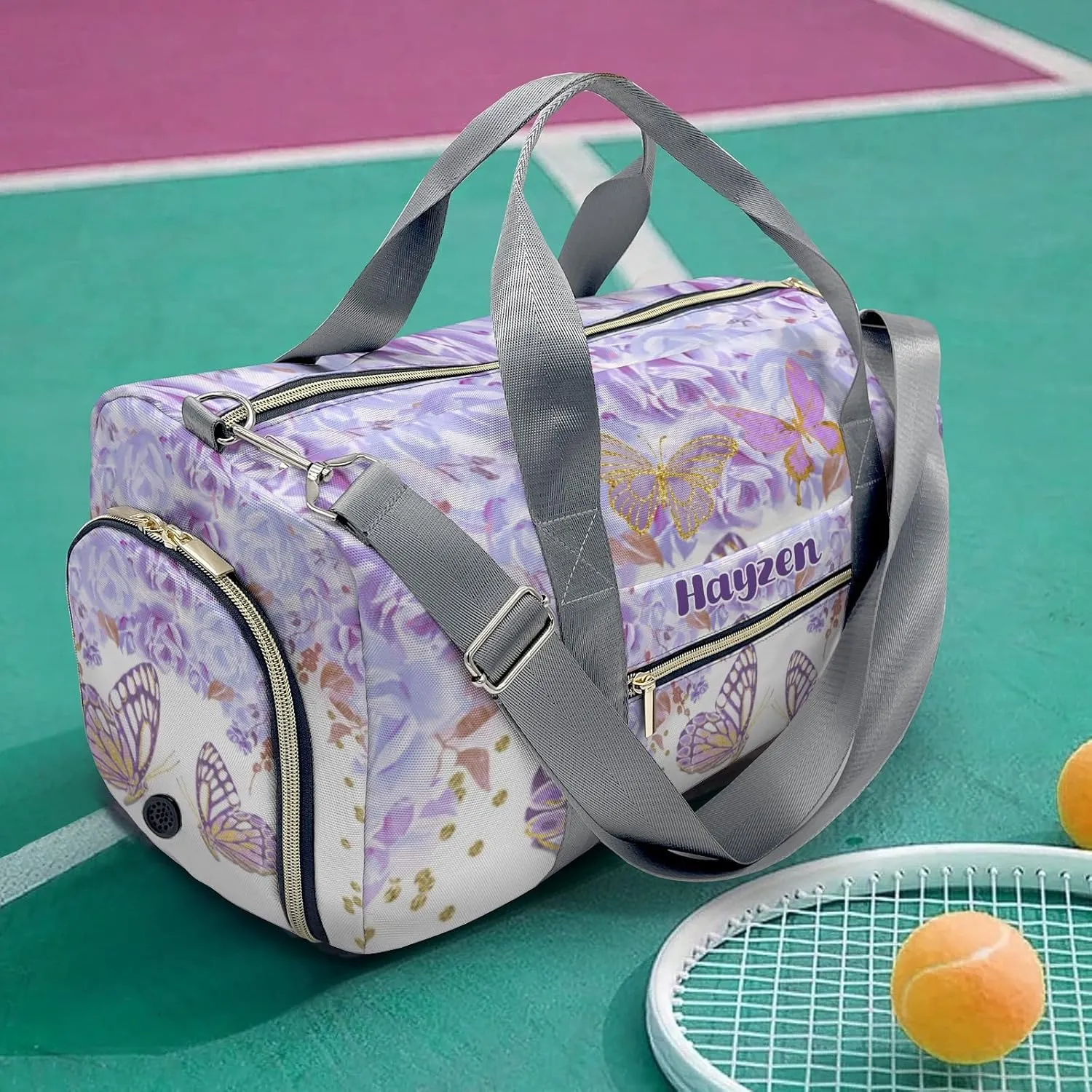 Purple Gold Butterfly Floral Personalized Kids Duffel Swim Bag for Boys,Customized Swim Duffle Bag for Boys Man Kids Gifts