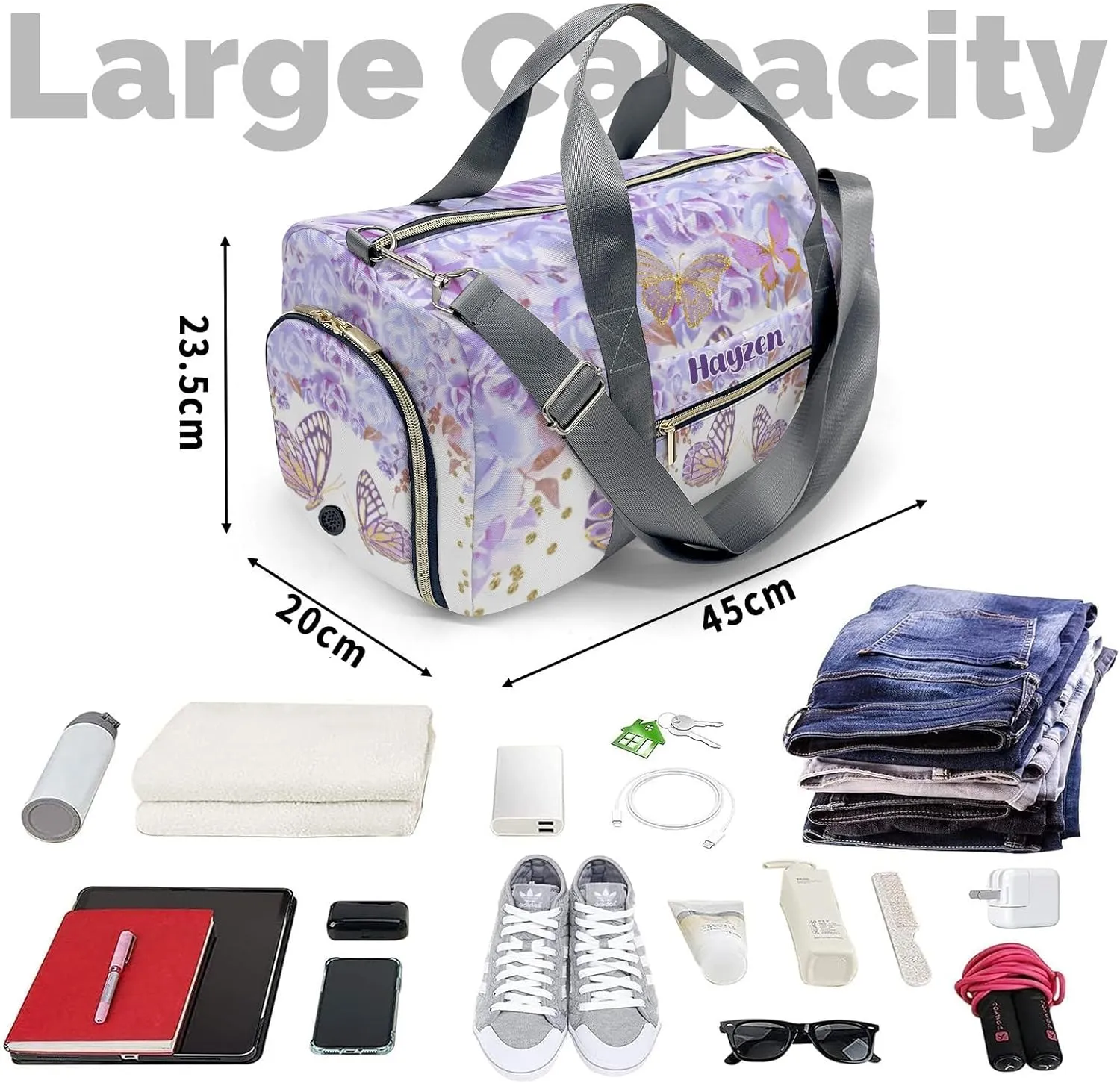 Purple Gold Butterfly Floral Personalized Kids Duffel Swim Bag for Boys,Customized Swim Duffle Bag for Boys Man Kids Gifts