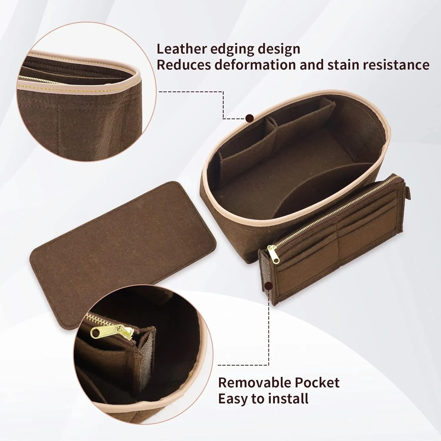 Purse Organizer & Base Shaper fit Speedy 25 & Neverfull PM , Felt Bag Organizer Insert for Handbags with Metal Zipper [Bag in Bag] (Medium, Brown), KS6