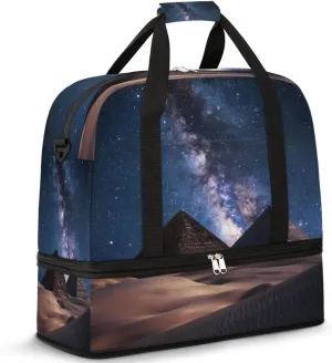 Pyramid Egypt Milky Way Travel Duffle Bags With Shoes Compartment for Women Men Weekender Overnight Bag Foldable Sports Tote Gym Carry On Luggage Handlebag for Travel Yoga Hospital Workout