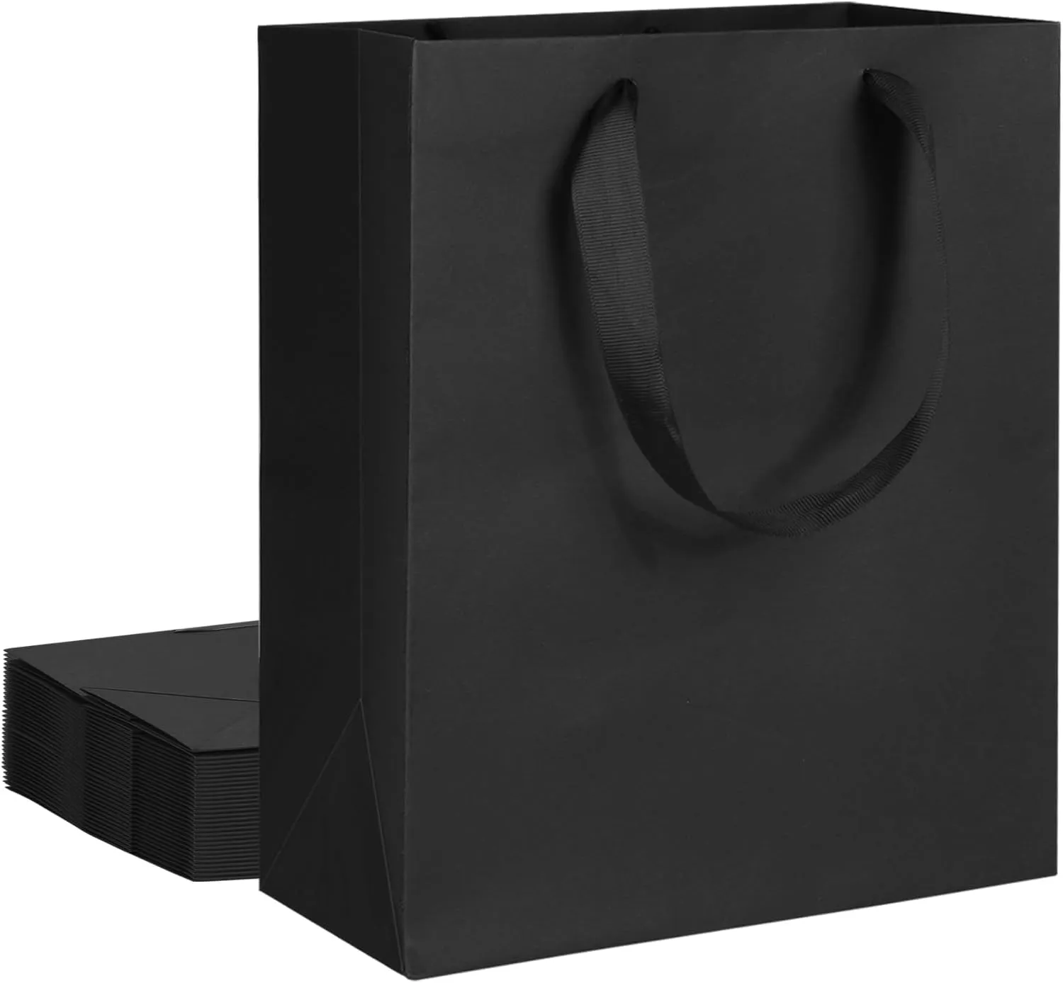 QIELSER 12 Pcs Black Gift Bags with Ribbon Handles, Kraft Gift Bags Medium Size 8"x4.75"x10", Black Paper Bags for Party Favor Bags, Business, Wedding, Holiday and Christmas