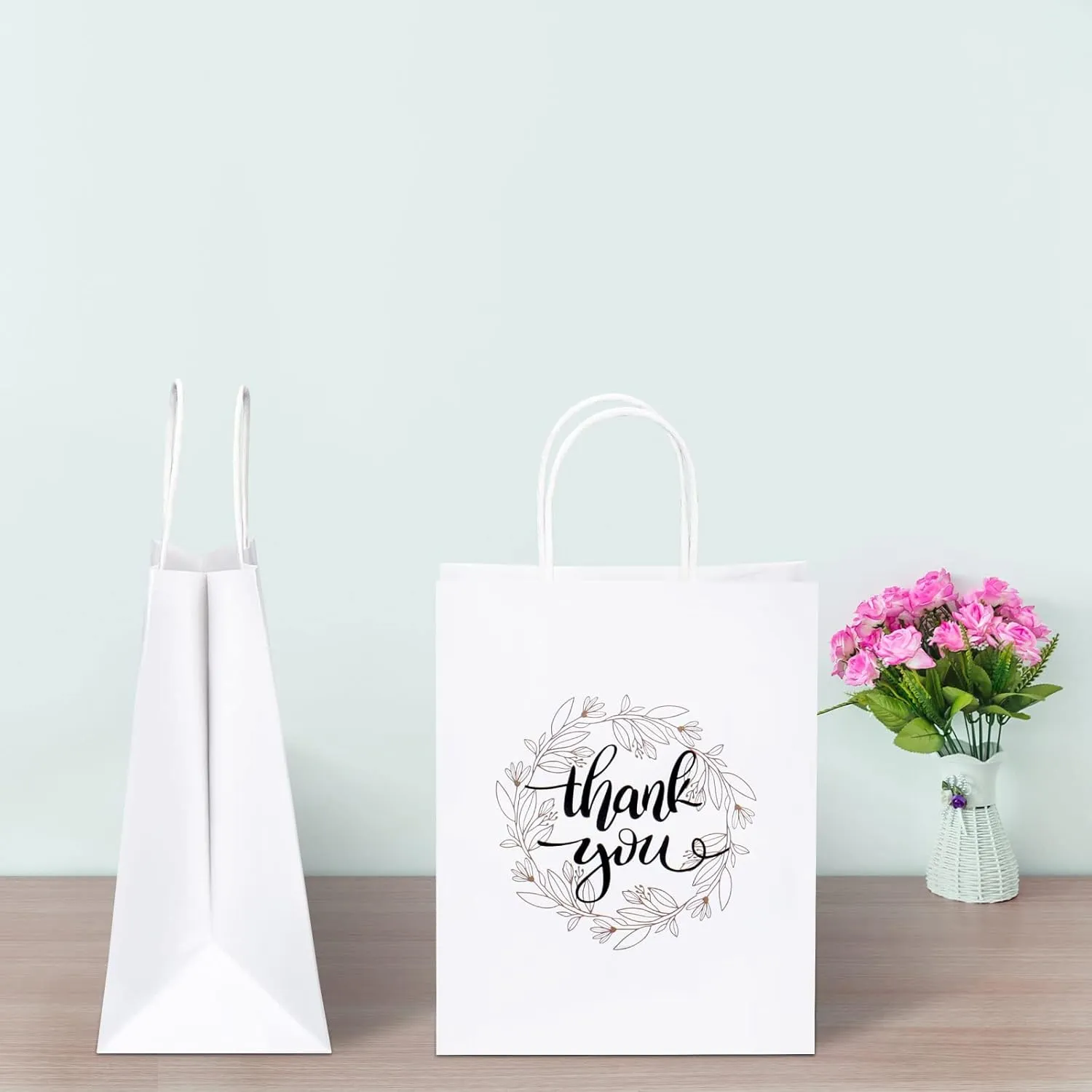 QIELSER Thank You Gift Bags Bulk 50 Pcs 8x4.75x10 Inches Medium White Kraft Paper Bags with Handles for Retail Shopping, Wedding, Baby Shower, Holiday, Party