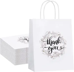 QIELSER Thank You Gift Bags Bulk 50 Pcs 8x4.75x10 Inches Medium White Kraft Paper Bags with Handles for Retail Shopping, Wedding, Baby Shower, Holiday, Party