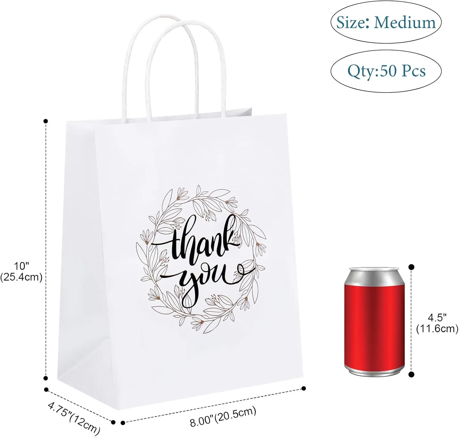 QIELSER Thank You Gift Bags Bulk 50 Pcs 8x4.75x10 Inches Medium White Kraft Paper Bags with Handles for Retail Shopping, Wedding, Baby Shower, Holiday, Party