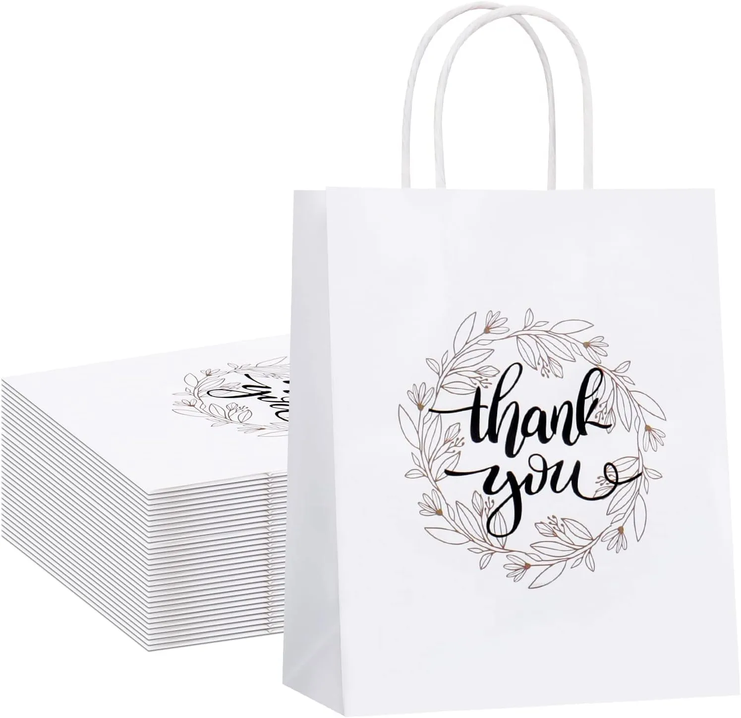 QIELSER Thank You Gift Bags Bulk 50 Pcs 8x4.75x10 Inches Medium White Kraft Paper Bags with Handles for Retail Shopping, Wedding, Baby Shower, Holiday, Party