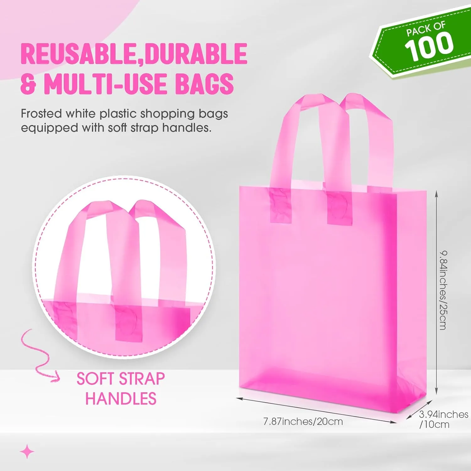 Qilery 100 Pack Frosted Plastic Gift Bags with Handles Small 8"x4"x10" Plastic Shopping Bags for Small Business Boutique Merchandise Bags Bulk for Retail Customers(Light Pink)
