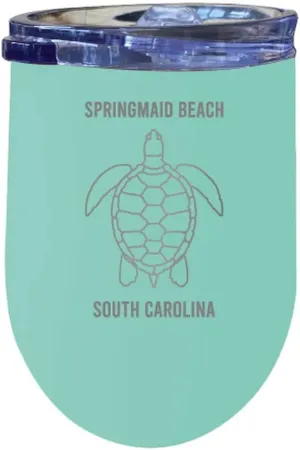 R and R Imports Springmaid Beach South Carolina Laser Etched Beach Souvenir 12 oz Insulated Wine Stainless Steel Tumbler Turtle Design Seafoam