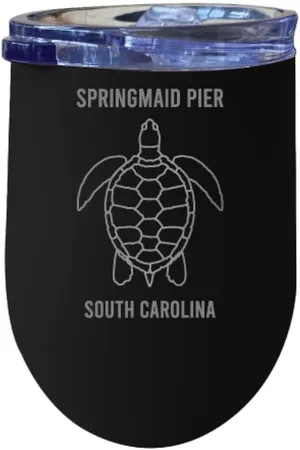 R and R Imports Springmaid Pier South Carolina Laser Etched Beach Souvenir 12 oz Insulated Wine Stainless Steel Tumbler Turtle Design Black