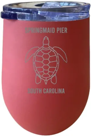 R and R Imports Springmaid Pier South Carolina Laser Etched Beach Souvenir 12 oz Insulated Wine Stainless Steel Tumbler Turtle Design Coral