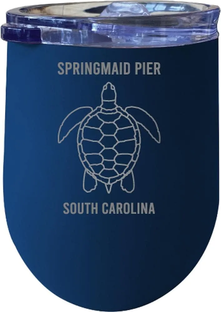 R and R Imports Springmaid Pier South Carolina Laser Etched Beach Souvenir 12 oz Insulated Wine Stainless Steel Tumbler Turtle Design Navy