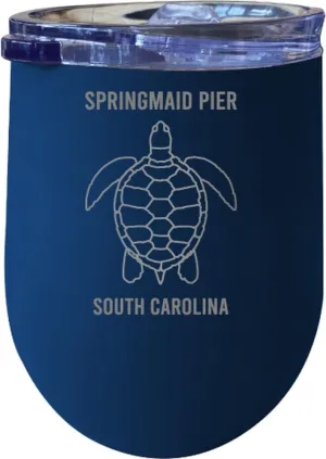R and R Imports Springmaid Pier South Carolina Laser Etched Beach Souvenir 12 oz Insulated Wine Stainless Steel Tumbler Turtle Design Navy