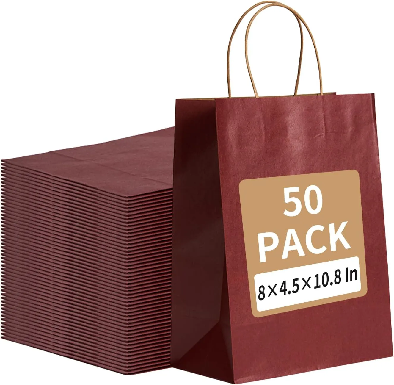 RACETOP 50 Pack 8x4.5x10.8 Inch Medium Red Kraft Paper Bags with Handles Bulk, Gift Bags, Shopping Bag for Boutique, Wedding Party Favor, Merchandise, Retail, Small Business