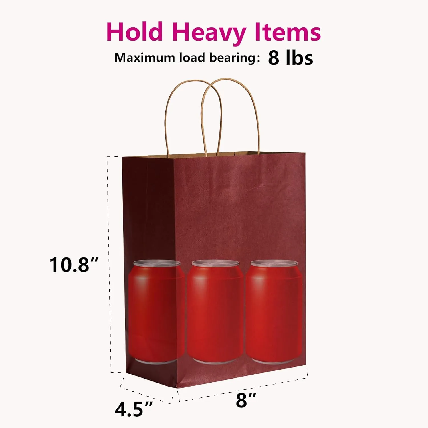 RACETOP 50 Pack 8x4.5x10.8 Inch Medium Red Kraft Paper Bags with Handles Bulk, Gift Bags, Shopping Bag for Boutique, Wedding Party Favor, Merchandise, Retail, Small Business