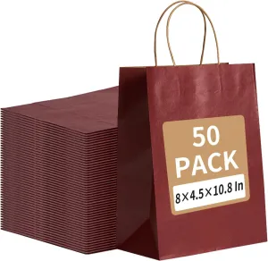 RACETOP 50 Pack 8x4.5x10.8 Inch Medium Red Kraft Paper Bags with Handles Bulk, Gift Bags, Shopping Bag for Boutique, Wedding Party Favor, Merchandise, Retail, Small Business