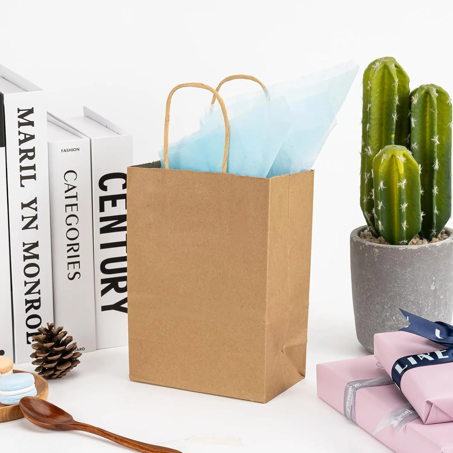 RACETOP 50 Pack Kraft Small Paper Bags with Handles Bulk, 5.8"x3.2"x8.25" Brown Gift Bags for Retail, Shopping, Birthday Parties, Mini Bag for Business, Goodies