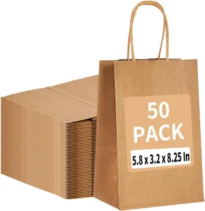 RACETOP 50 Pack Kraft Small Paper Bags with Handles Bulk, 5.8"x3.2"x8.25" Brown Gift Bags for Retail, Shopping, Birthday Parties, Mini Bag for Business, Goodies
