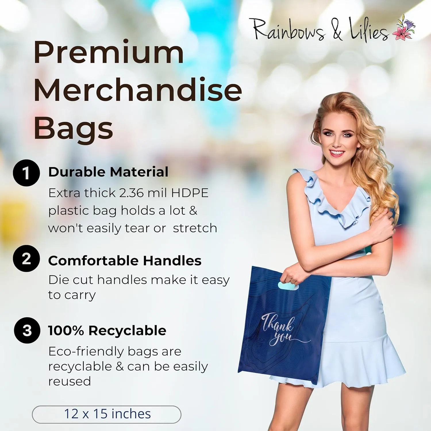 Rainbows & Lilies 100 Thank You Plastic Bags with Handles 12"W x 15"H Thick Reusable Bulk Shopping Bags for Small Business, Retail Merchandise, Boutique Gifts, Clothes, Goodie Party Favors (Navy Blue)