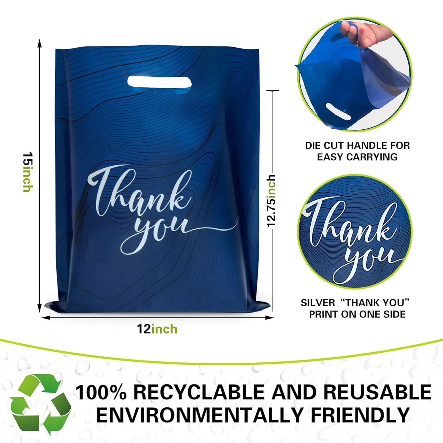 Rainbows & Lilies 100 Thank You Plastic Bags with Handles 12"W x 15"H Thick Reusable Bulk Shopping Bags for Small Business, Retail Merchandise, Boutique Gifts, Clothes, Goodie Party Favors (Navy Blue)