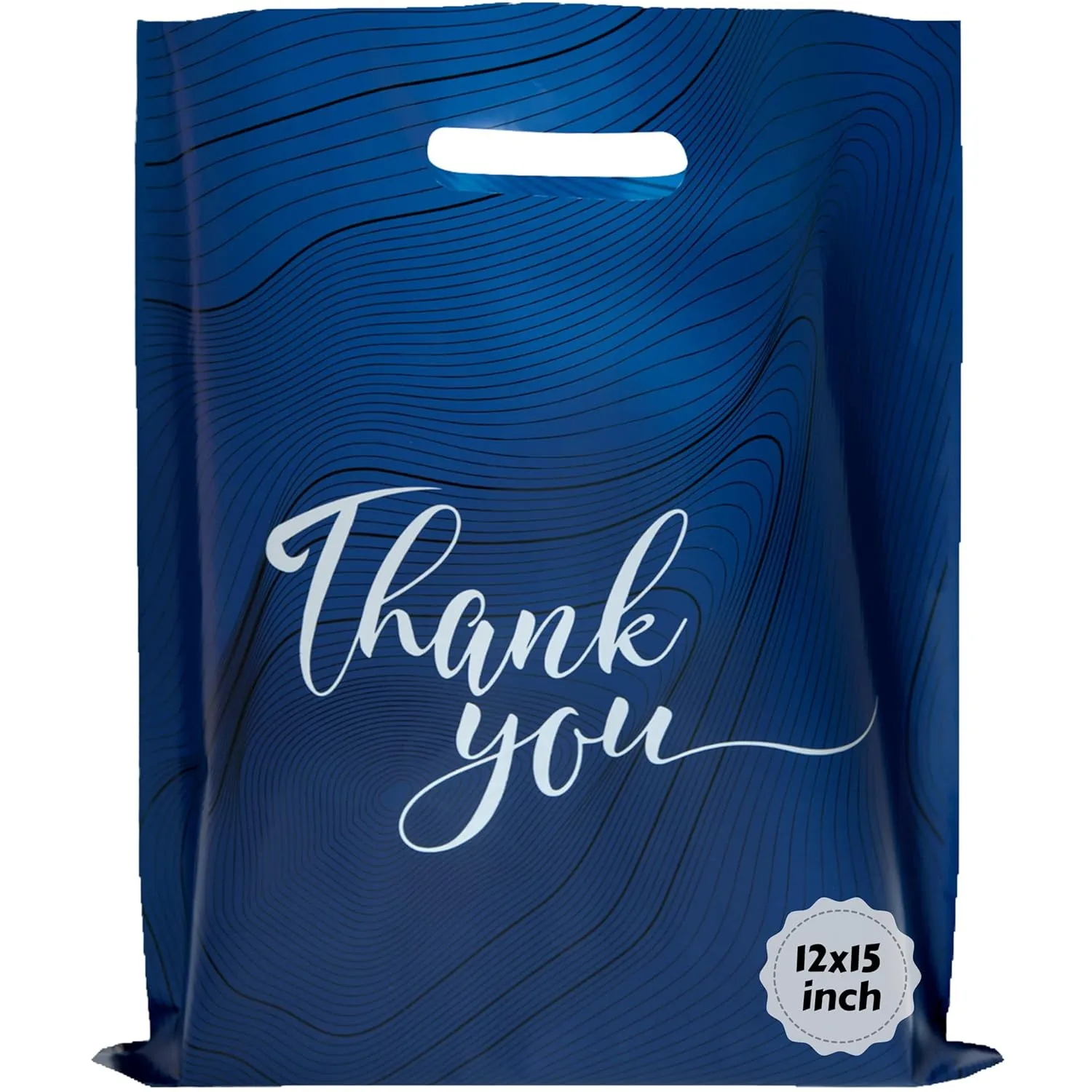 Rainbows & Lilies 100 Thank You Plastic Bags with Handles 12"W x 15"H Thick Reusable Bulk Shopping Bags for Small Business, Retail Merchandise, Boutique Gifts, Clothes, Goodie Party Favors (Navy Blue)