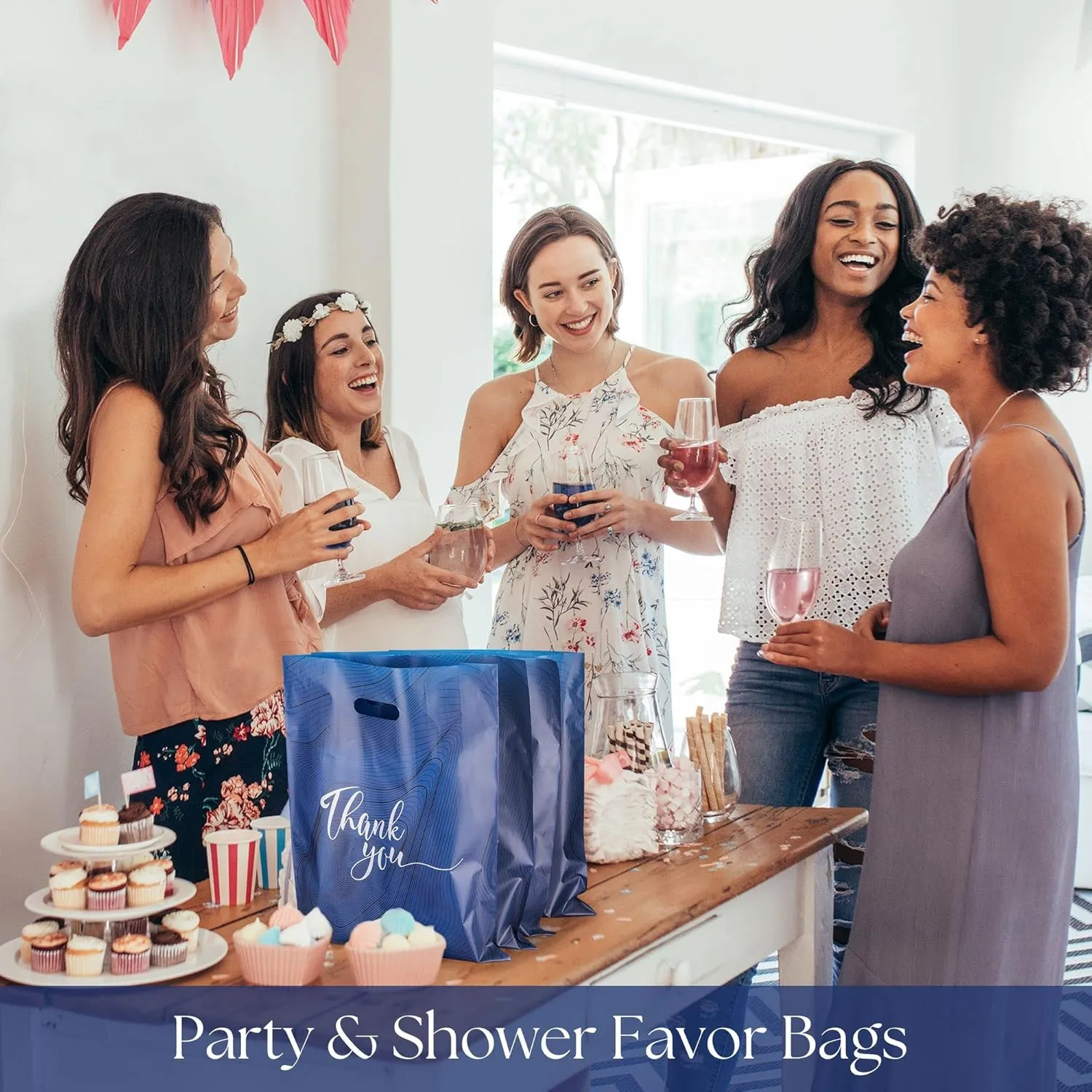 Rainbows & Lilies 100 Thank You Plastic Bags with Handles 12"W x 15"H Thick Reusable Bulk Shopping Bags for Small Business, Retail Merchandise, Boutique Gifts, Clothes, Goodie Party Favors (Navy Blue)