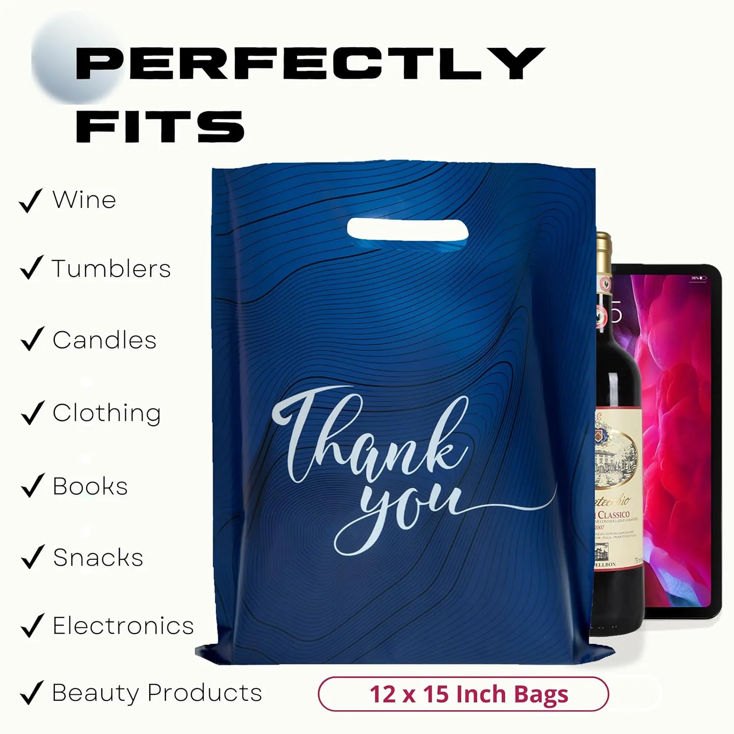Rainbows & Lilies 100 Thank You Plastic Bags with Handles 12"W x 15"H Thick Reusable Bulk Shopping Bags for Small Business, Retail Merchandise, Boutique Gifts, Clothes, Goodie Party Favors (Navy Blue)