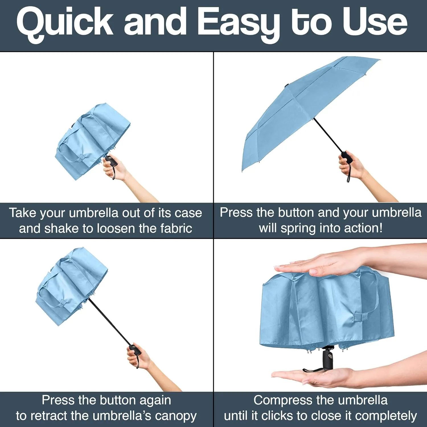 RainPlus Windproof Travel Umbrella - Compact, Automatic, Folding and Portable - Umbrellas For Rain for Men and Women - Car, Backpack, Purse, Strong & Wind Resistant