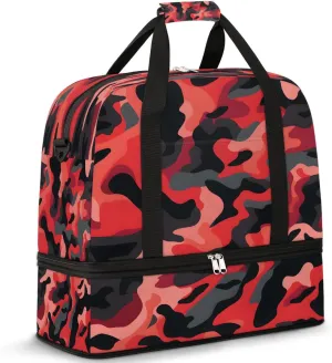 Red Camouflage Cool Travel Duffle Bags With Shoes Compartment for Women Men Weekender Overnight Bag Foldable Sports Tote Gym Carry On Luggage Handlebag for Travel Yoga Hospital Workout
