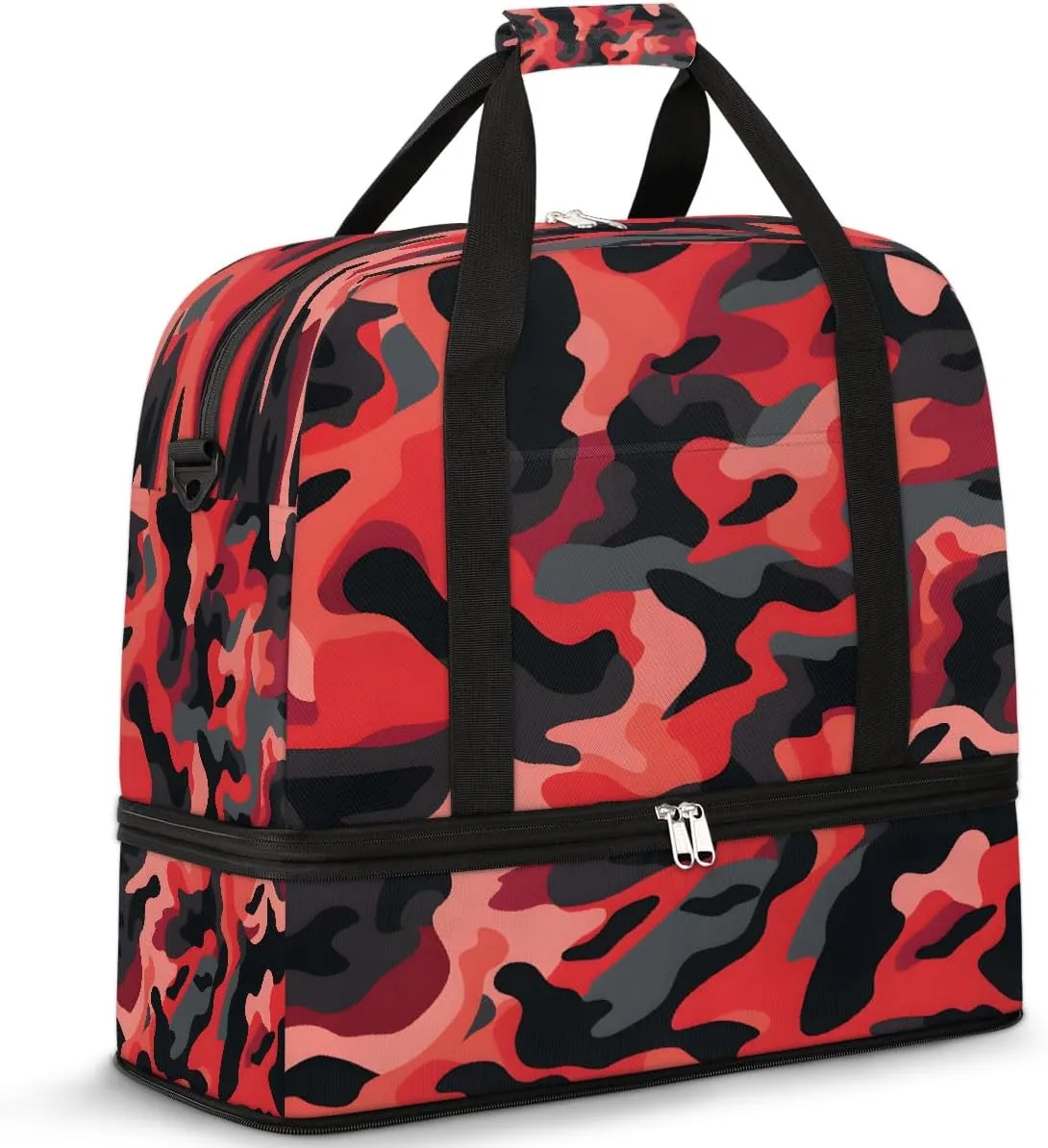 Red Camouflage Cool Travel Duffle Bags With Shoes Compartment for Women Men Weekender Overnight Bag Foldable Sports Tote Gym Carry On Luggage Handlebag for Travel Yoga Hospital Workout
