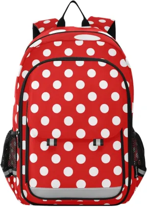 Red Polka Dots Backpack Kids School Bag Lightweight Laptop Backpack Elementary Capacity Student Bookbags for Travel Daypack with Reflective Stripes