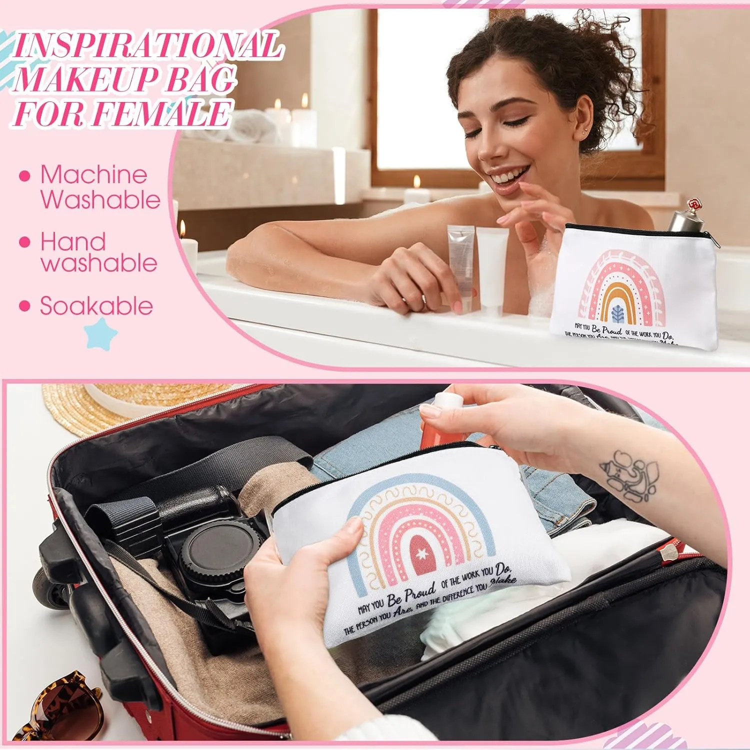 Reginary 20 Pieces Cosmetic Bag for Women, Roomy Makeup Bags with Zipper Toiletry Bag Pouch Travel Packing Accessory Organizer Gifts, 7 x 4.3 Inches(Motivational)