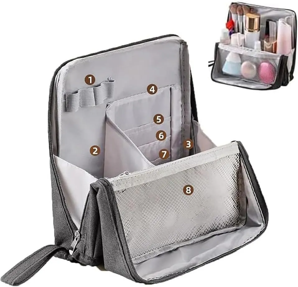 Relevanton Standing Makeup Bag, 2025 New Doresty Standing Makeup Bag Portable, Large Capacity, Multi-purpose Oxford Cloth Standing Makeup Bags with 8 Compartments (Dark Blue)
