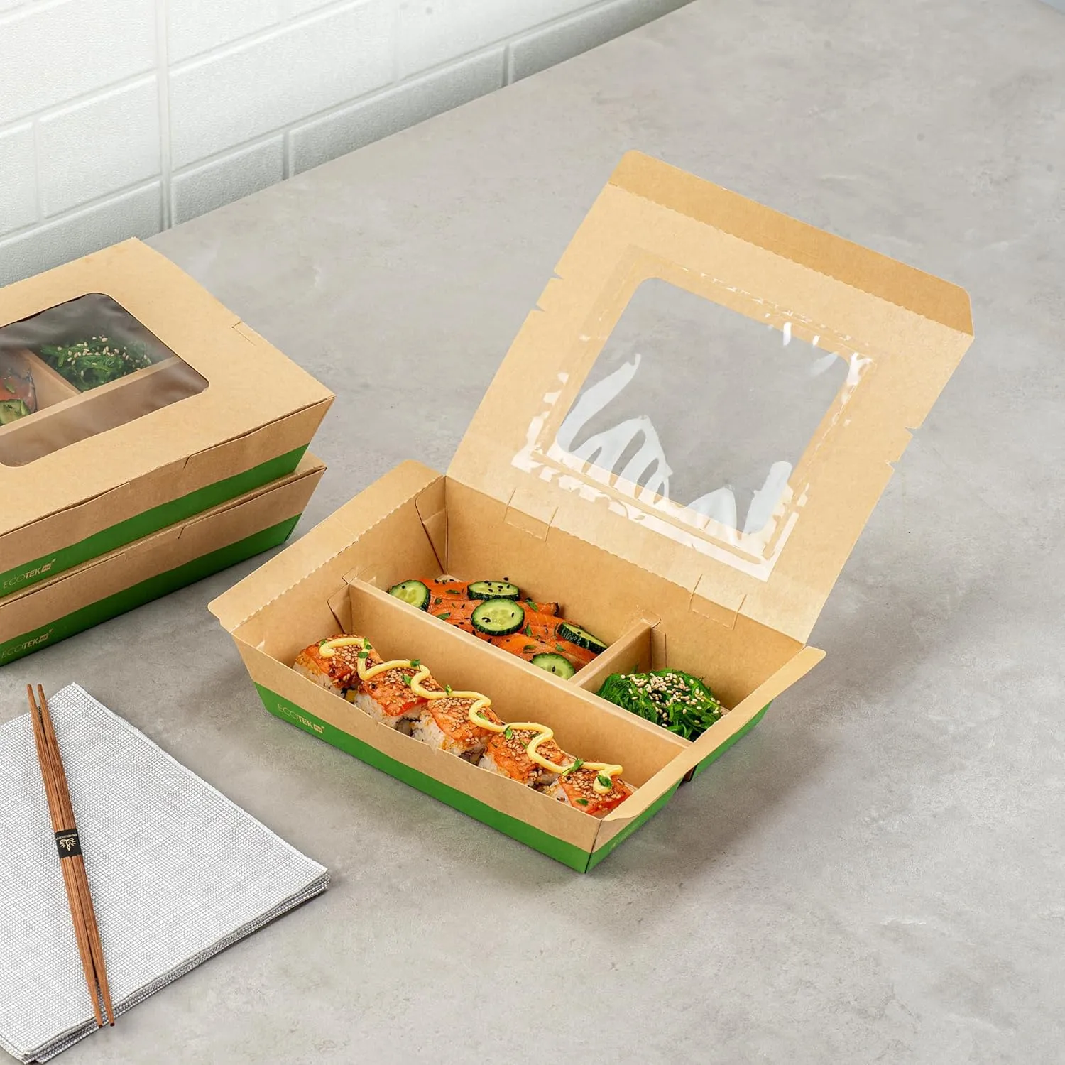 Restaurantware Eco Tek 51 Ounce Take Out Food Containers, 100 Disposable Bento Boxes - 3 Compartments, Transparent Window, Kraft And Green Paper To Go Boxes, For Take Out Orders Or Catering Services