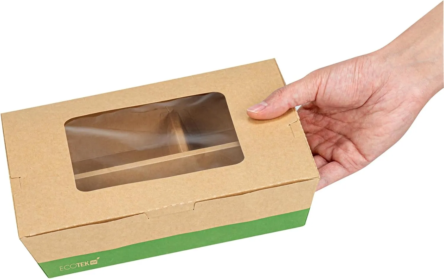 Restaurantware Eco Tek 51 Ounce Take Out Food Containers, 100 Disposable Bento Boxes - 3 Compartments, Transparent Window, Kraft And Green Paper To Go Boxes, For Take Out Orders Or Catering Services