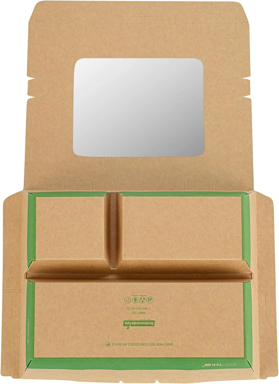 Restaurantware Eco Tek 51 Ounce Take Out Food Containers, 100 Disposable Bento Boxes - 3 Compartments, Transparent Window, Kraft And Green Paper To Go Boxes, For Take Out Orders Or Catering Services