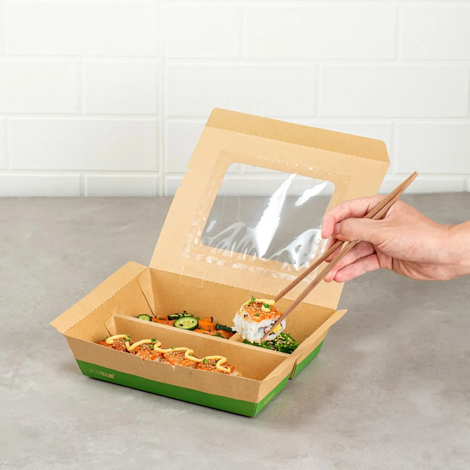 Restaurantware Eco Tek 51 Ounce Take Out Food Containers, 100 Disposable Bento Boxes - 3 Compartments, Transparent Window, Kraft And Green Paper To Go Boxes, For Take Out Orders Or Catering Services