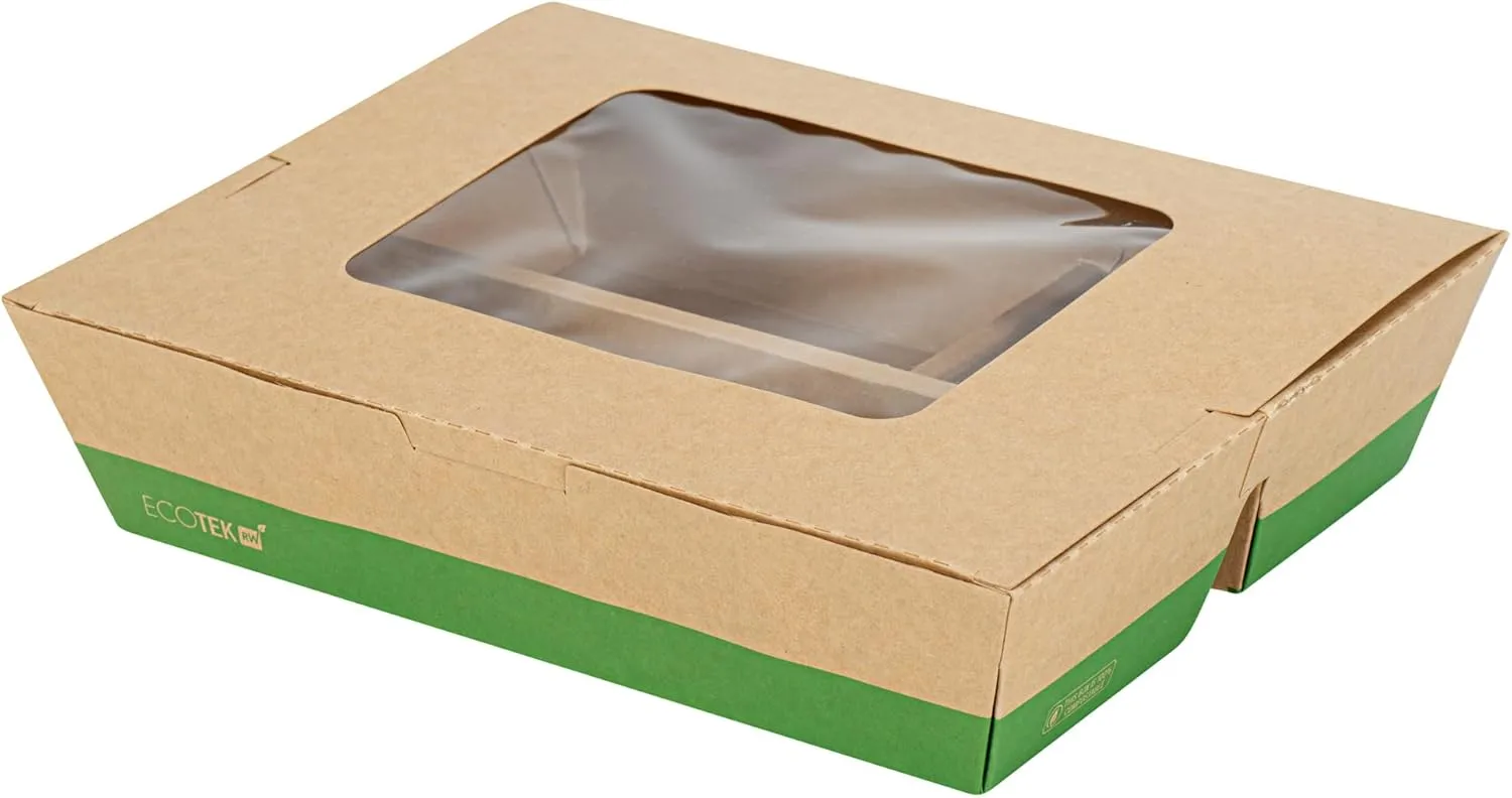 Restaurantware Eco Tek 51 Ounce Take Out Food Containers, 100 Disposable Bento Boxes - 3 Compartments, Transparent Window, Kraft And Green Paper To Go Boxes, For Take Out Orders Or Catering Services